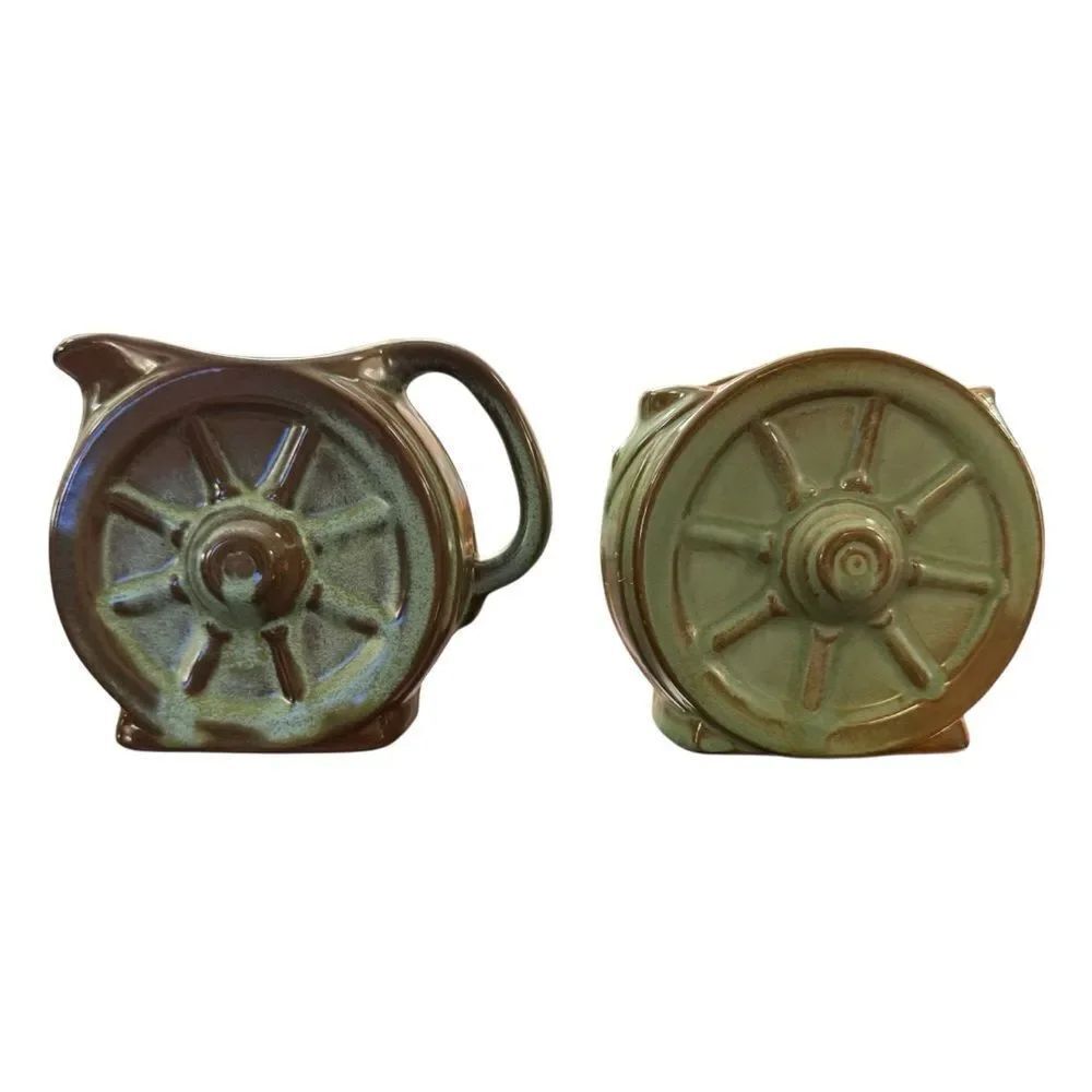 Vintage Francoma Pottery Prairie Green Wagone Wheel Creamer and Sugar Bowl Set